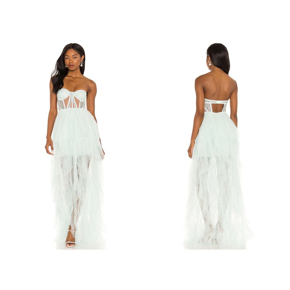 NWT For Love and Lemons x Revolve Bustier Hi Low Gown Light Blue/Mint Sz Medium